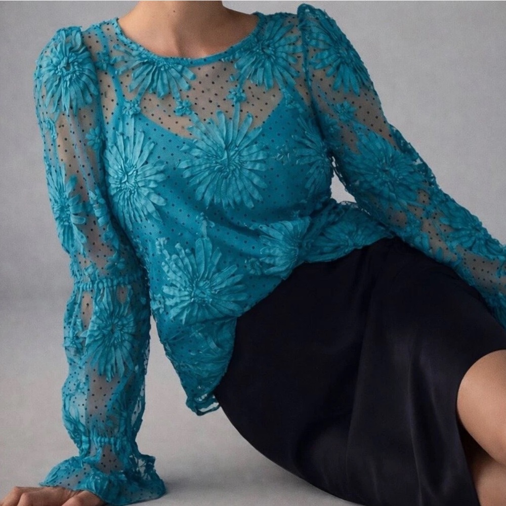 Antropologie NWT Eva Franco Turquoise Lace Floral Ruffle
Blouse Shirt - Picture 2 of 8